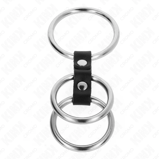 Inel penis triplu din metal, 3.7 cm până la 5 cm, conectat cu piele