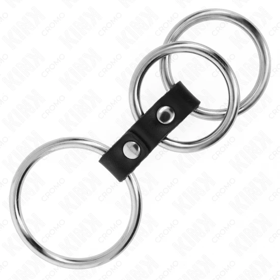 Inel penis triplu din metal, 3.7 cm până la 5 cm, conectat cu piele