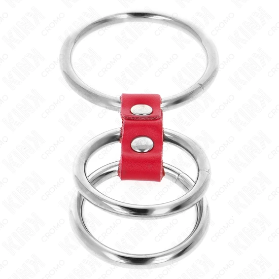 Inel penis triplu din metal, 3.7 cm până la 5 cm, conectat cu piele ecologică roșie