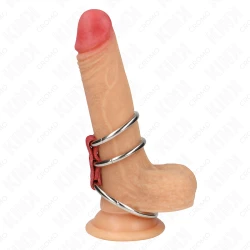 Inel penis triplu din metal, 3.7 cm până la 5 cm, conectat cu piele ecologică roșie