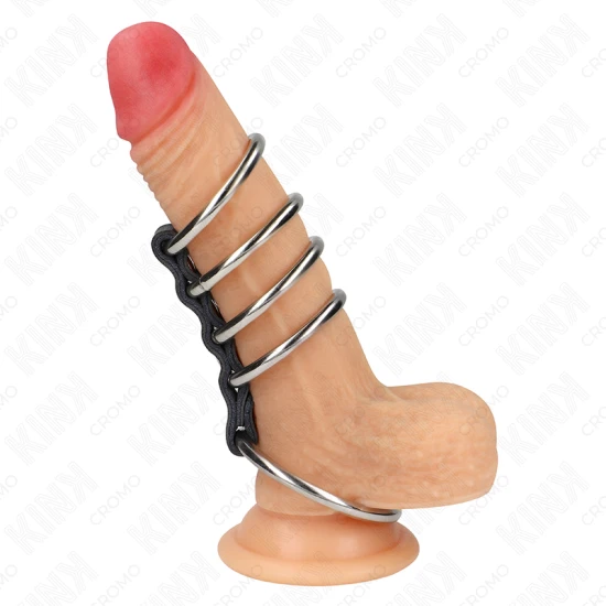 5 inele pentru penis, 3.7 cm - 5 cm, metal conectat cu piele