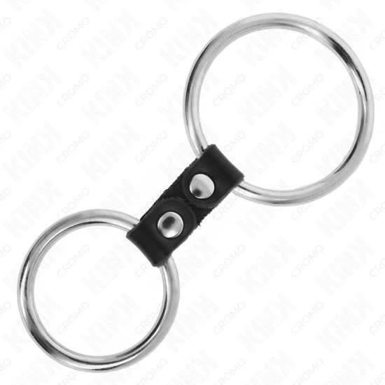 Inel penis dublu metalic, 3.7 cm - 5 cm, conectat cu curea din piele, model 2