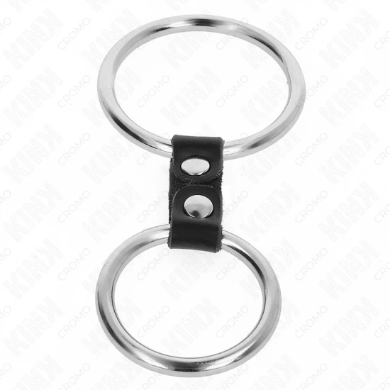Inel penis dublu metalic, 3.7 cm - 5 cm, conectat cu curea din piele, model 2