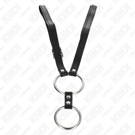 Inel dublu penis din metal, 3.8 cm - 5 cm, cu curea din piele 112 cm