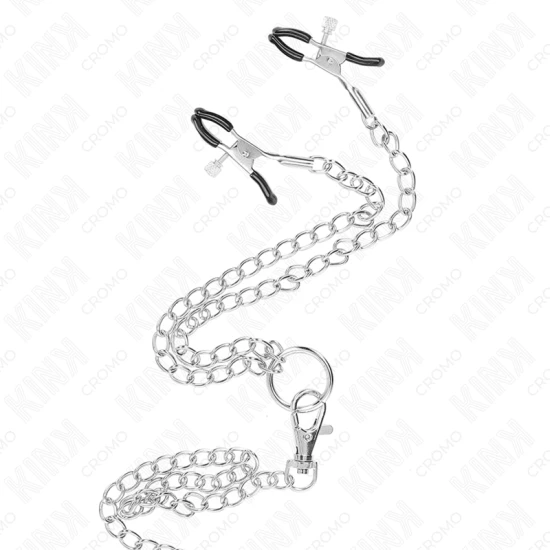 Inel penis tip triplu, cromat, metal, 3.8 cm până la 5 cm, cu lanț metal de 26 cm și clești pentru mameloane, model 1