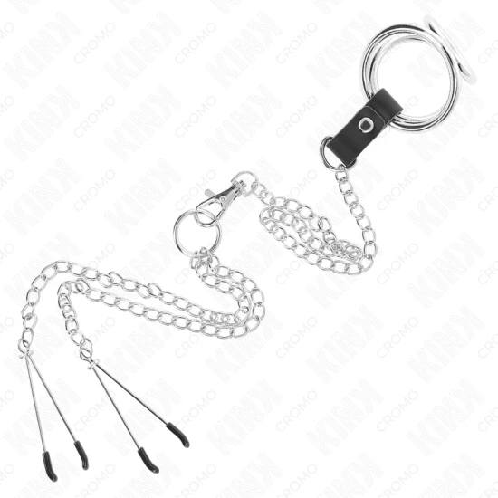 Inel penis Tip Produs Model 2, cromat triplu, Roz Negru 3.8 cm - 5 cm cu lanț metal 26 cm și clești pentru mameloane