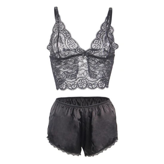 SUBBLIME - Cămașă de noapte din mătase și dantelă, Negru L/XL