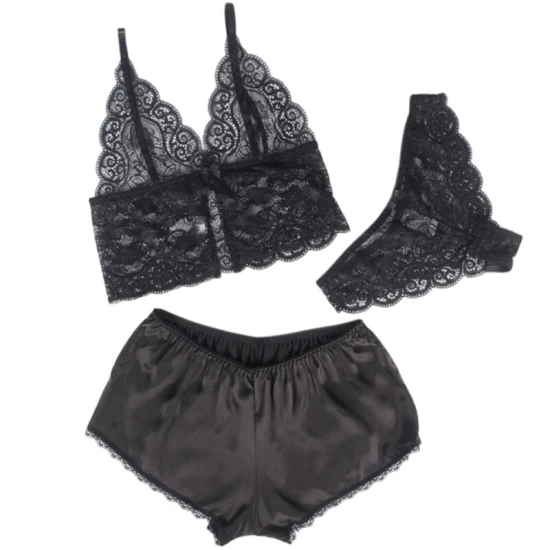 SUBBLIME - Cămașă de noapte din mătase și dantelă, Negru L/XL