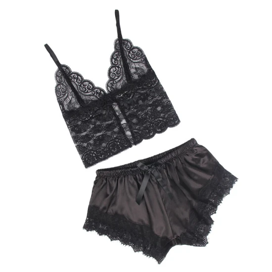SUBBLIME - Cămașă de noapte casual din mătase cu pantaloni din dantelă, Negru, S/M
