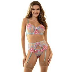 SUBBLIME - Set lenjerie tip bustier + chiloți cu jartiere, design floral, albastru S/M