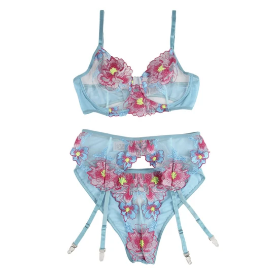 SUBBLIME - Set lenjerie tip bustier + chiloți cu jartiere, design floral, albastru S/M
