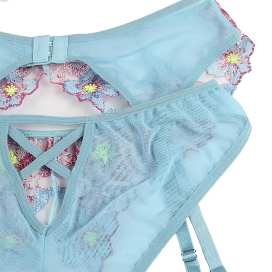 SUBBLIME - Set lenjerie tip bustier + chiloți cu jartiere, design floral, albastru S/M