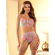 SUBBLIME - Set corset + chiloți cu jartiere, design floral, albastru, L/XL