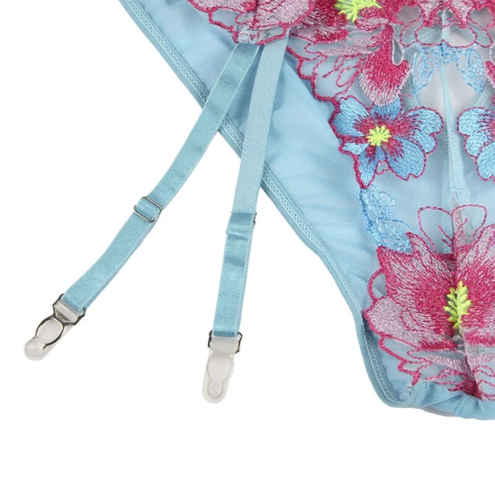SUBBLIME - Set corset + chiloți cu jartiere, design floral, albastru, L/XL