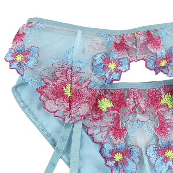 SUBBLIME - Set corset + chiloți cu jartiere, design floral, albastru, L/XL