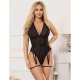 Body cu jartiere Sublime din material negru, L/XL