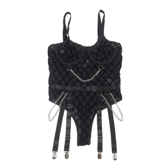 Body cu lanțuri și centură jartieră, negru, L/XL