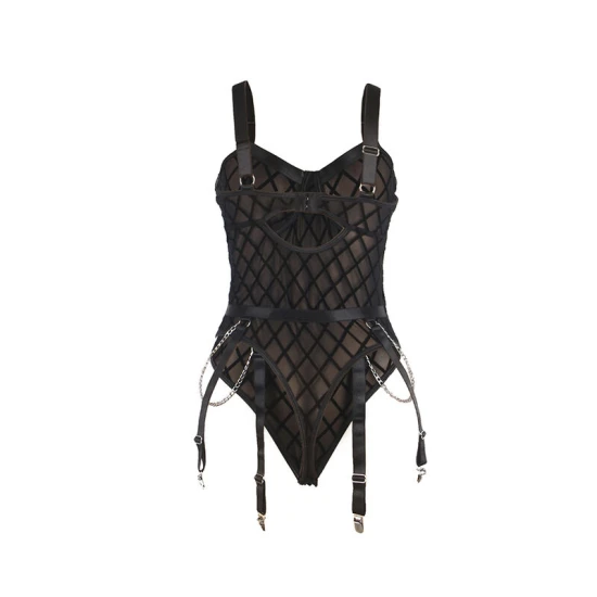 Body cu lanțuri și centură jartieră, negru, L/XL