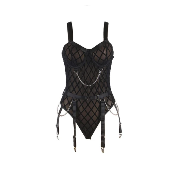 Body cu lanțuri și centură jartieră, negru, L/XL