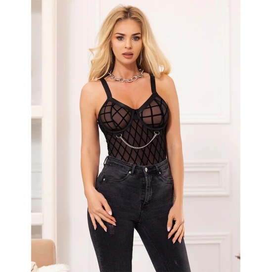Body cu lanțuri și centură jartieră, negru, L/XL