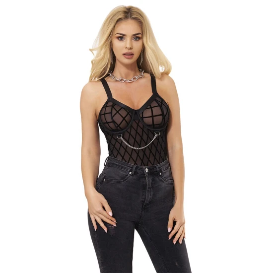 Body cu lanțuri și centură jartieră, negru, L/XL