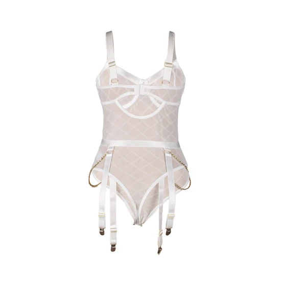 Body sexy Subblime - Cu lanțuri și portjartier, Alb, L/XL