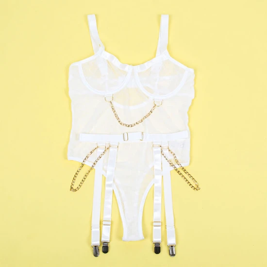 Body sexy Subblime - Cu lanțuri și portjartier, Alb, L/XL