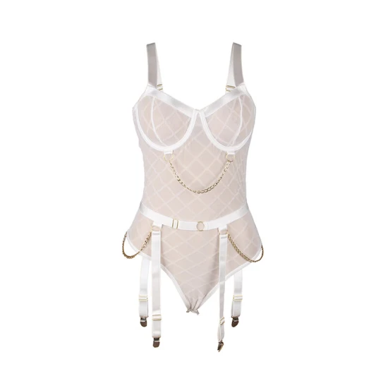 Body sexy Subblime - Cu lanțuri și portjartier, Alb, L/XL