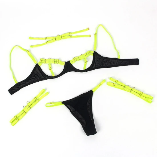 SUBBLIME - Set sutien cu detalii la gât și la picioare, Verde fluorescent, S/M