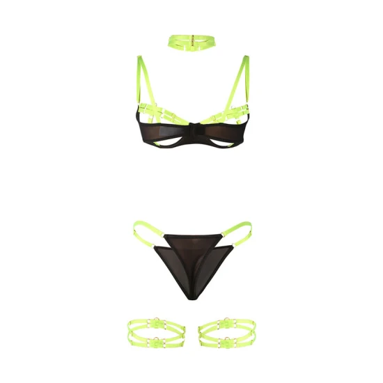 SUBBLIME - Set sutien cu detalii la gât și la picioare, Verde fluorescent, S/M