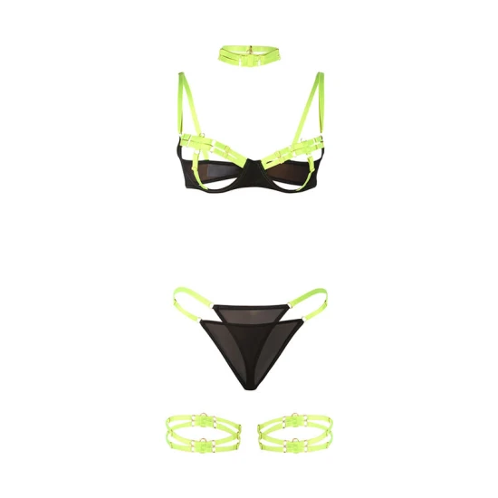SUBBLIME - Set sutien cu detalii la gât și la picioare, Verde fluorescent, S/M