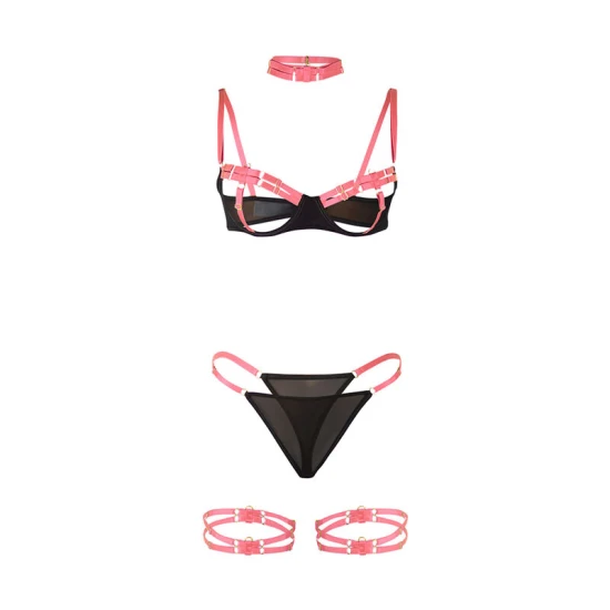 SUBBLIME - Set lenjerie tip sutien, detalii la gât și la picioare, Roz fluorescent, S/M