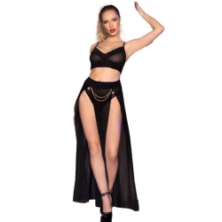 Set Top, Fustă și Tanga - Lanțuri Aurii, Negru, Mărime M