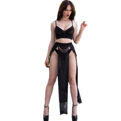 Set Top, Fustă și Tanga - Lanțuri Aurii, Negru, Mărime M