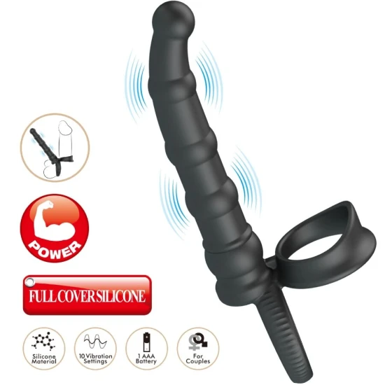 Inel penis vibrator, cu plug, 10 moduri vibrație, Negru