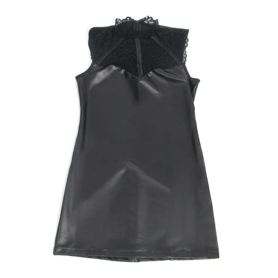Rochie Dantelă Guler Piele - Negru, S/M