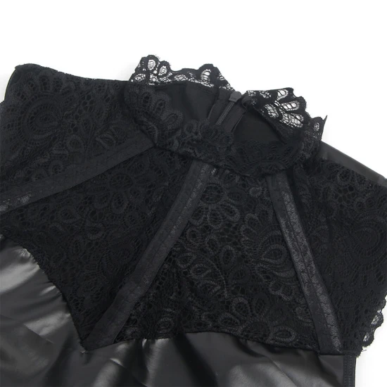 Rochie Dantelă din Piele - Colier Dantelă, Negru, L/XL