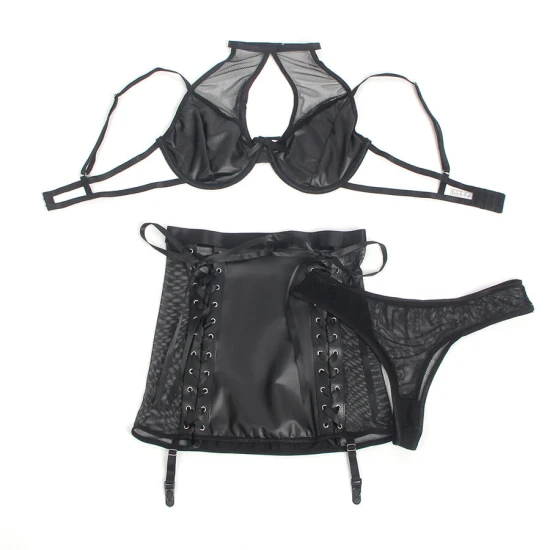 Set Sutien și Fustă - Piele, Negru, S/M
