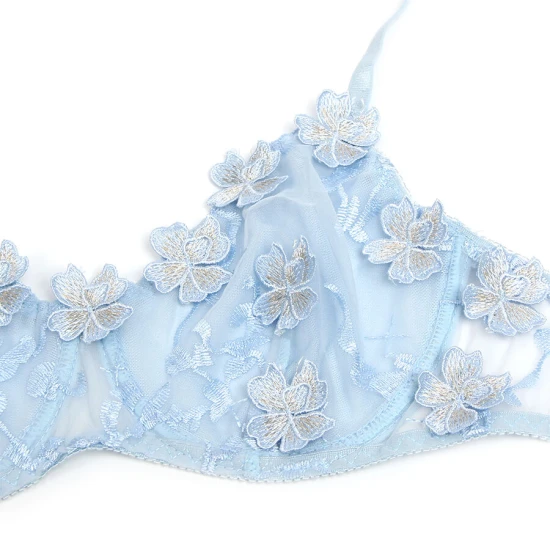Set Sutien și Chiloți - Broderie Florală, Albastru, S/M