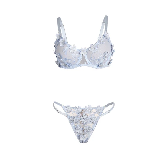 Set Sutien și Chiloți - Broderie Florală, Albastru, S/M