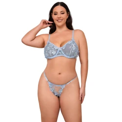Set Sutien și Chiloți - Broderie Florală, Albastru, L/XL