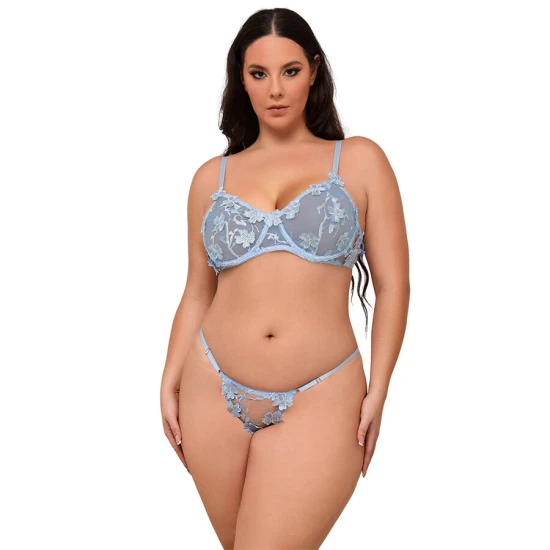 Set Sutien și Chiloți - Broderie Florală, Albastru, L/XL