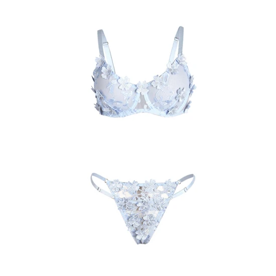 Set Sutien și Chiloți - Broderie Florală, Albastru, L/XL