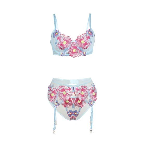 Set sutien și centură cu jartieră brodată, plasă florală, roz, L/XL