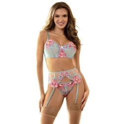 Set sutien și centură cu jartieră brodată, plasă florală, roz, L/XL