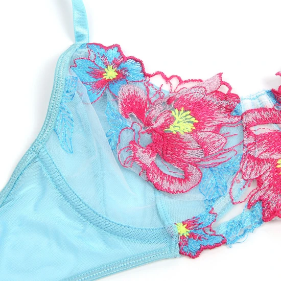 Set sutien și centură cu jartieră brodată, plasă florală, roz, L/XL