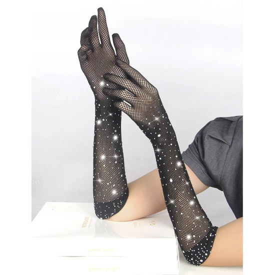 Manusi Tip Produs Model, Roz/Negru - Manusi din glitter cu aplicatii tip diamante, Negru S/M