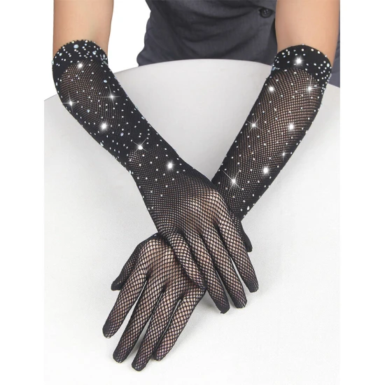 Manusi Tip Produs Model, Roz/Negru - Manusi din glitter cu aplicatii tip diamante, Negru S/M