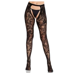 LEG AVENUE - Șosete tip stockings din dantelă roz cu spate deschis, negru