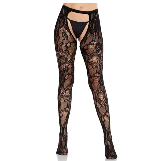 LEG AVENUE - Șosete tip stockings din dantelă roz cu spate deschis, negru